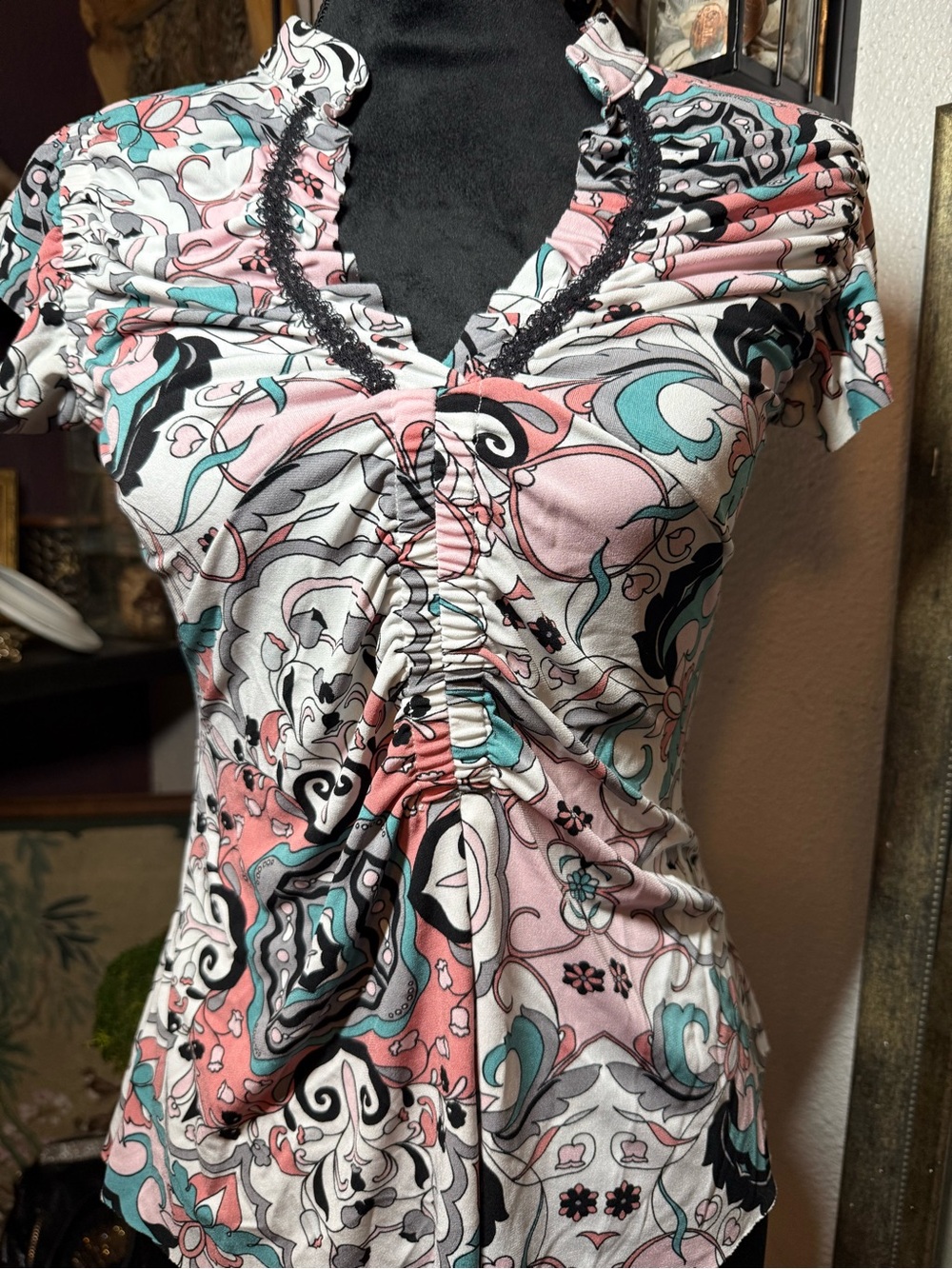 Bohemian Medallion Paisley Flutter Sleeve V-Neck Top•Size M• Pink Teal